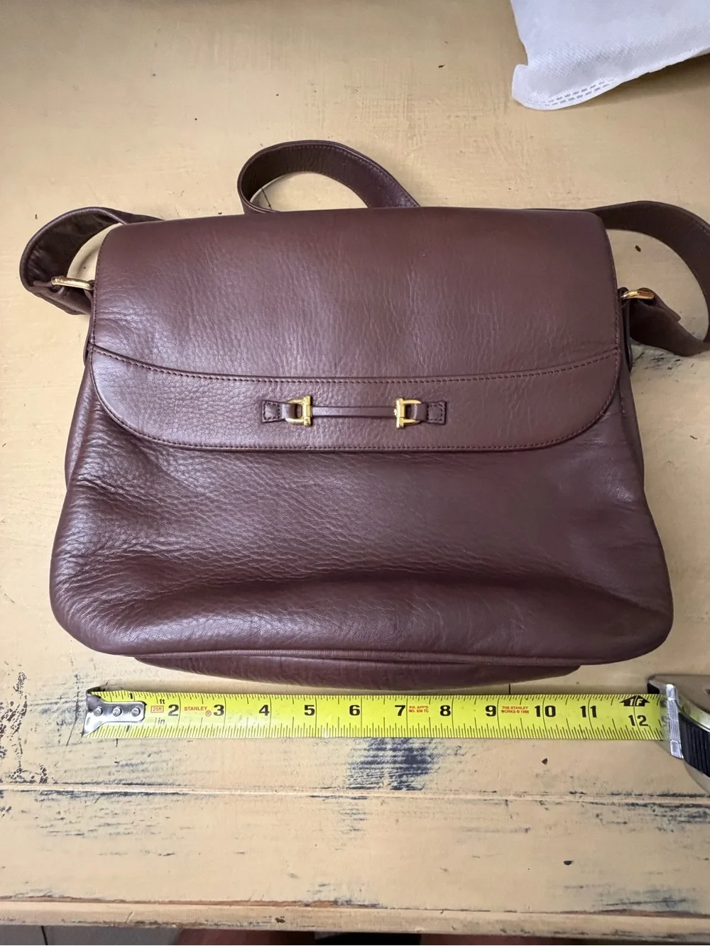 Etienne Aigner Dark Brown Leather Messenger Bag with Gold Hardware